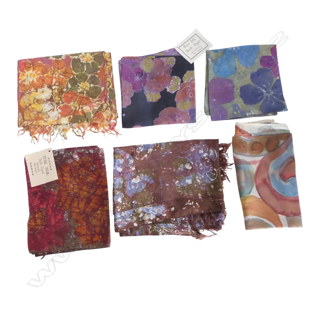 SIX ASSORTED NZ MADE SILK SCARVES Image 1++