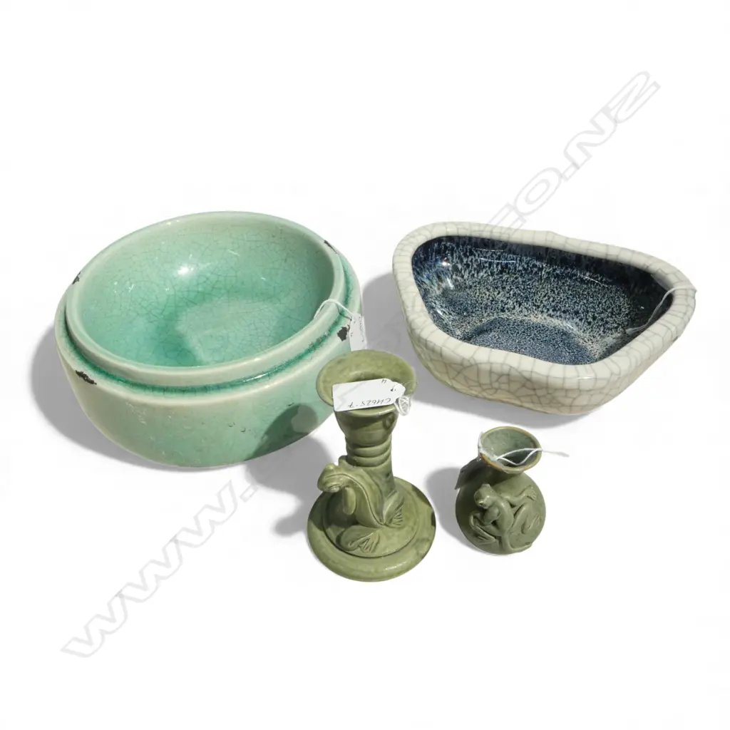 GROUP OF FOUR CERAMICS INCL FROG CANDLESTICK CELADON STYLE BOWL AND BLUE CRACKLE GLAZE BOWL Image 1++