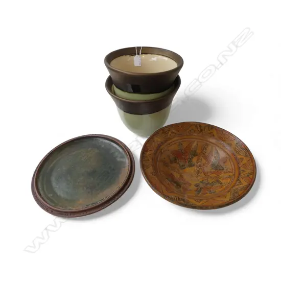 PR CRACKLE GLAZED POTS H.210mm, EARTHENWARE BOWL 315mm dia (REPAIRED), STUDIO POTTERY PLATE 325mm dia