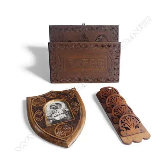 KAURI CARVED CHIP ART PAPER RACK L360MM SHEILD PHOTO FRAME L340MM & LETTER RACK L330MM