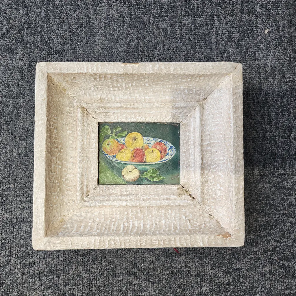 "STILL LIFE" PAINTING OF APPLES IN A BOWL - SIGNED 100 mm x 70 mm Image 1++