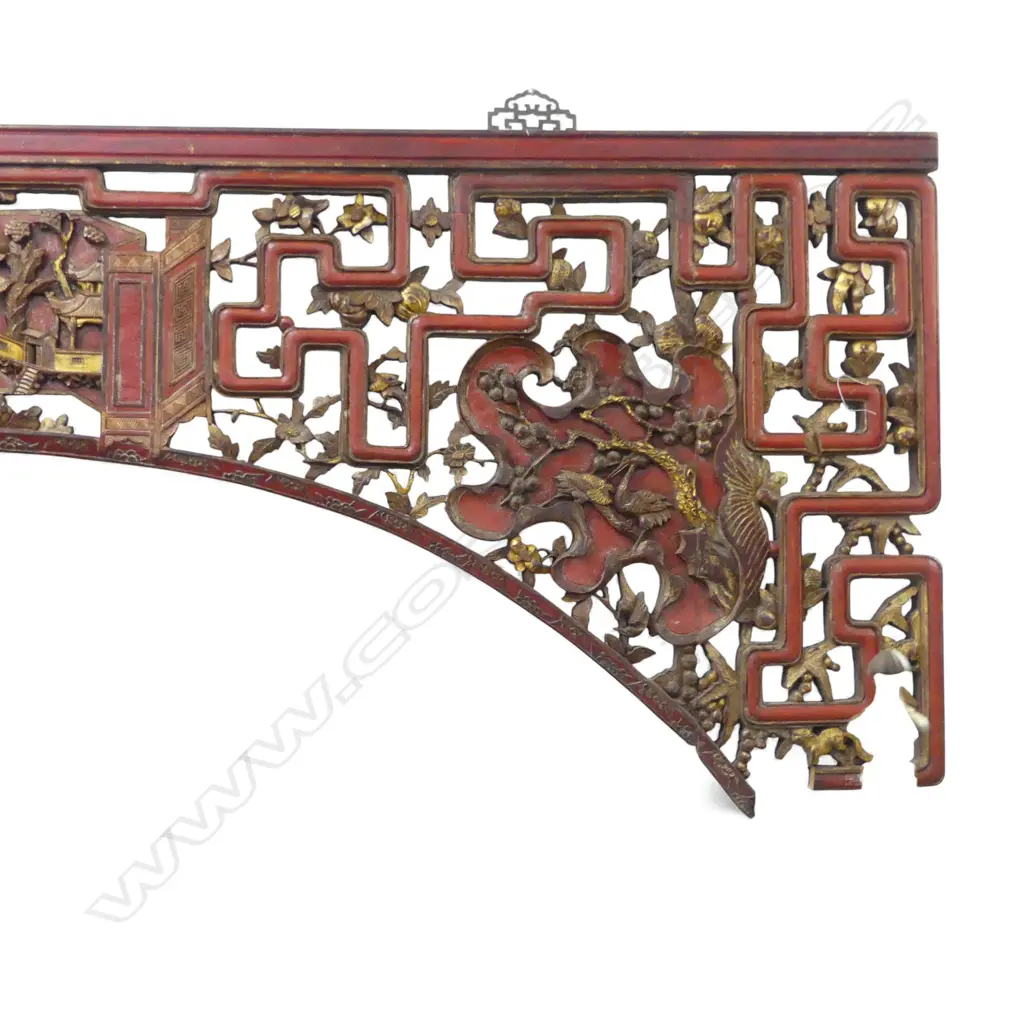 CHINESE RED & GILT HEADBOARD carved and pierced fauna & flora design Image 1++