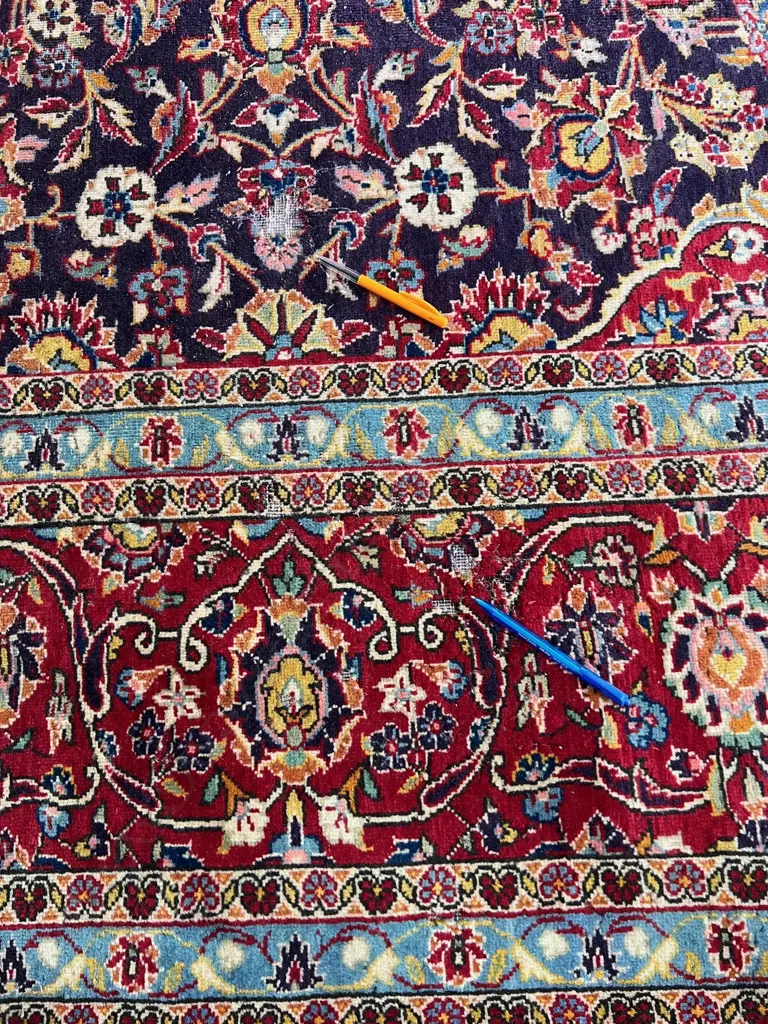 Very large Iranian hand knotted carpet w curvilinear &floral designs 4090 x 2940mm. Some insect damage Image 1++