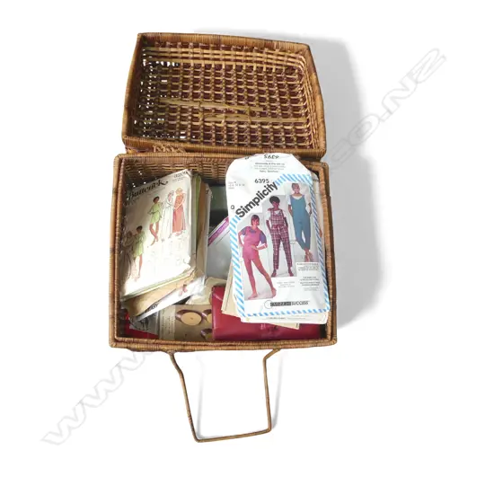 BASKET OF ASST. FABRIC PATTERNS, BUTTONS, etc