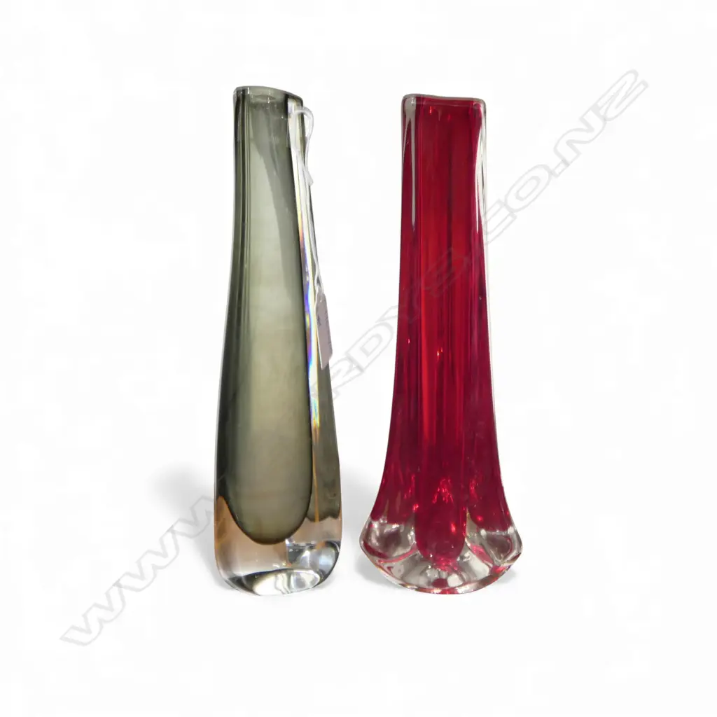 2 ART GLASS VASES; RED & GREY (ORREFORS, SIGNED & STICKER) H.230mm Image 1++