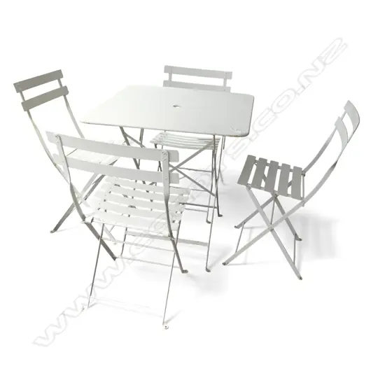 5 PCE FERMOB WHITE METAL PATIO SET; 4 CHAIRS + TABLE 715x715mm - MADE IN FRANCE