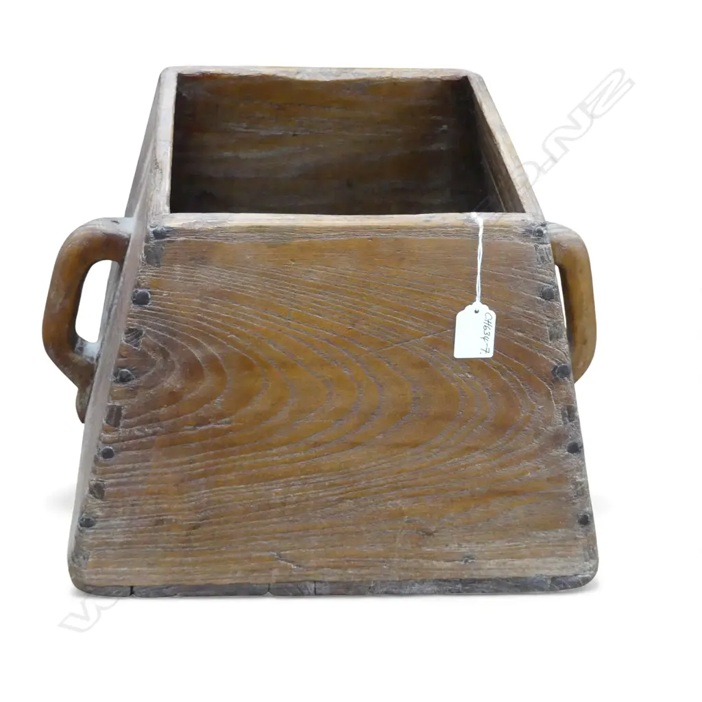 OLD CHINESE WOODEN RICE ? CONTAINER panelled tapered sides. With handles. H.260mm Image 1++