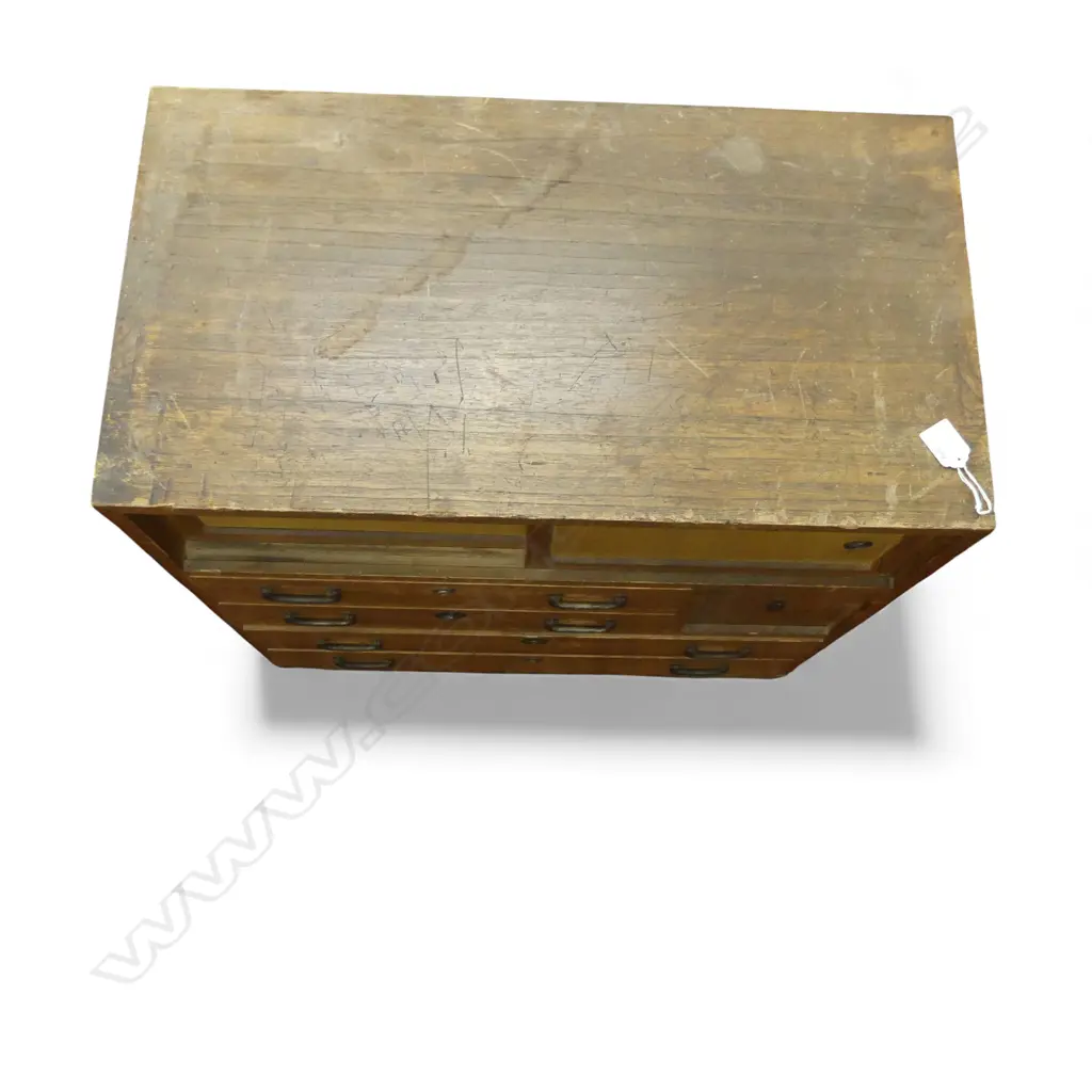 Vintage small Japanese collector's chest early 20thC 3 drawer + 2 door H.650mm Image 1++