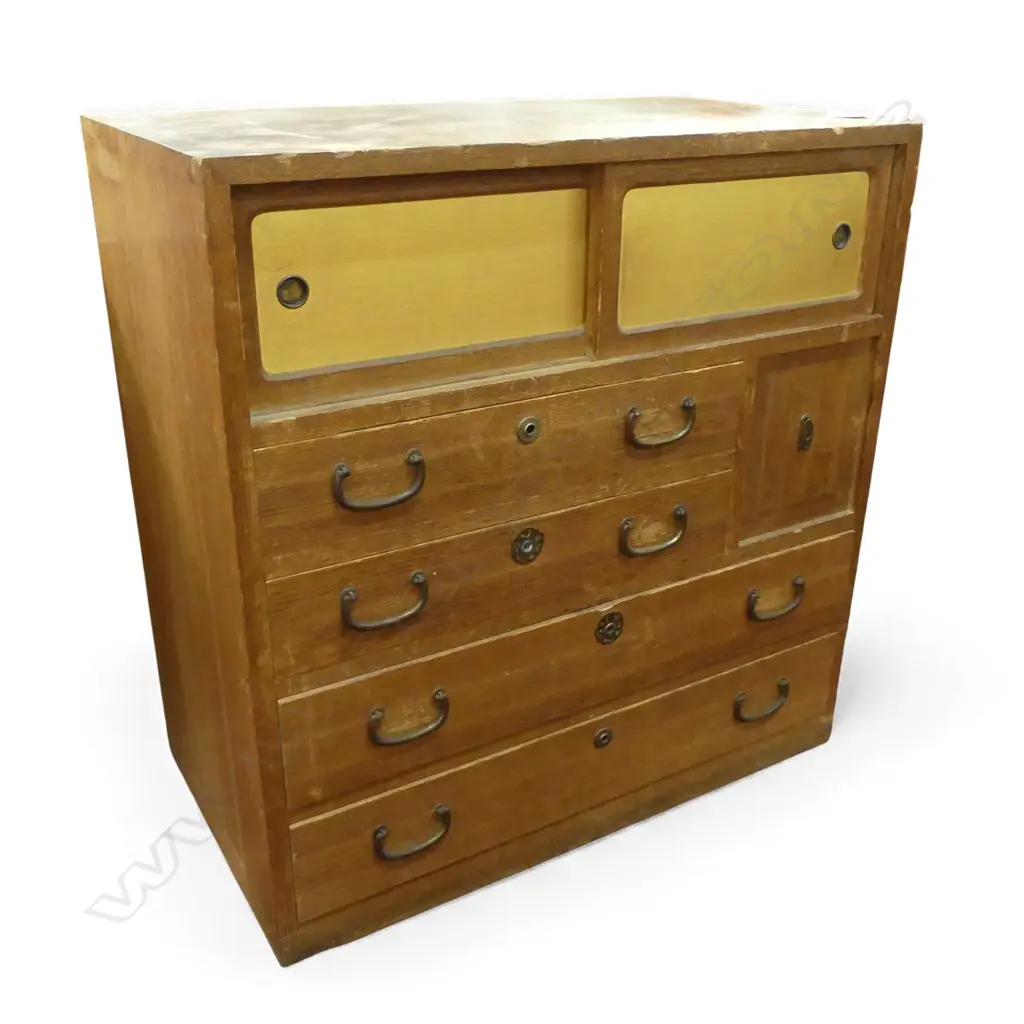 Vintage small Japanese collector's chest early 20thC 3 drawer + 2 door H.650mm Image 1++