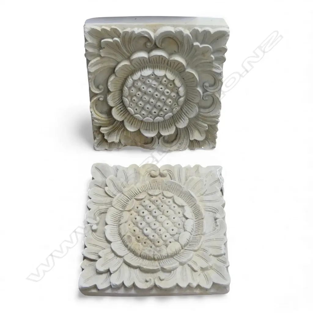 2 CARVED SANDSTONE FLORAL PLAQUES 400x400mm Image 1++