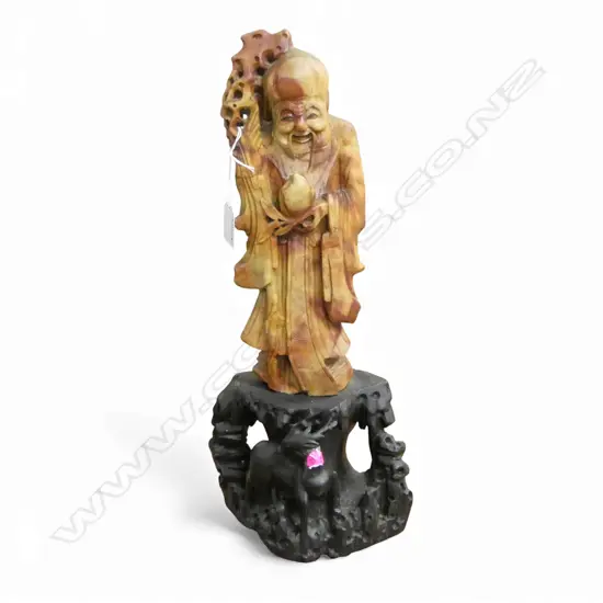 ANTIQUE CHINESE CARVED SOAPSTONE FIGURE SHOU LAO ON SOAPSTONE BASE H430MM