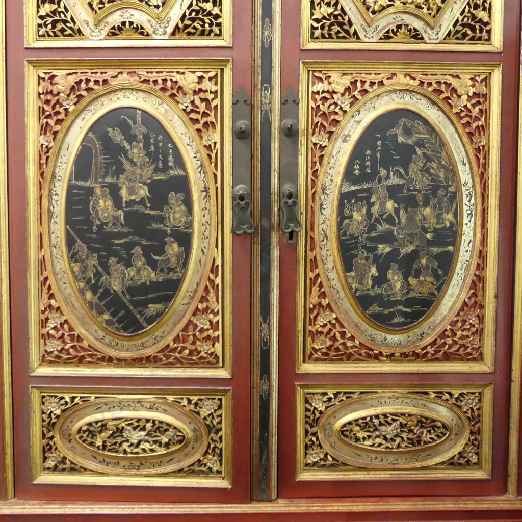 ORNATE CHINESE RED & GOLD CABINET carved and pierced panels w. painted floral and hunting scenes 950x500x1940mm Image 1++