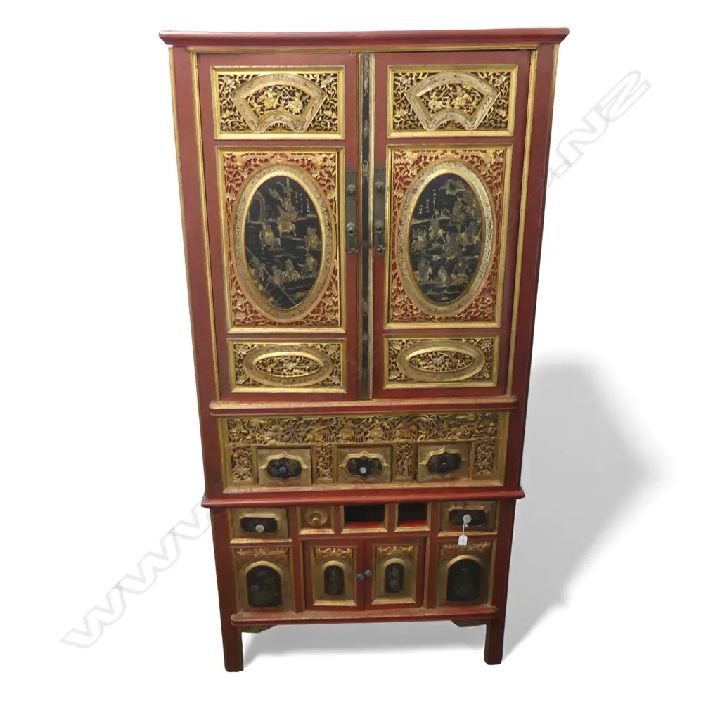 ORNATE CHINESE RED & GOLD CABINET carved and pierced panels w. painted floral and hunting scenes 950x500x1940mm Image 1++