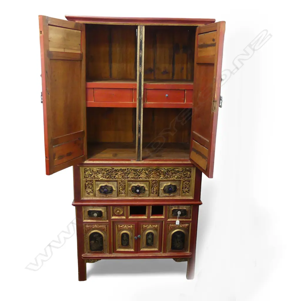 ORNATE CHINESE RED & GOLD CABINET carved and pierced panels w. painted floral and hunting scenes 950x500x1940mm Image 1++