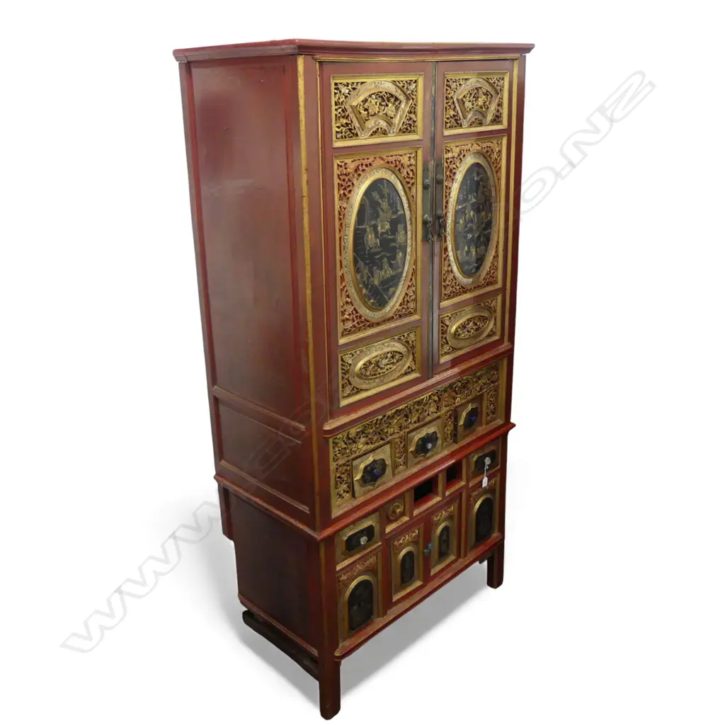 ORNATE CHINESE RED & GOLD CABINET carved and pierced panels w. painted floral and hunting scenes 950x500x1940mm Image 1++