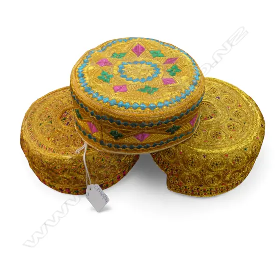 3 PAKISTANI / AFGHANI GOLD EMBROIDERED TRIBAL CAPS