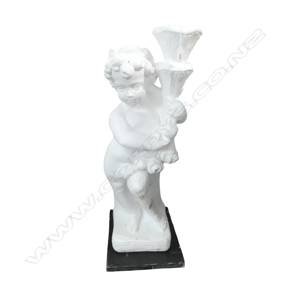 WHITE PAINTED CONCRETE GARDEN STATUE: GIRL WITH CORNUCOPIA H.680mm Image 1++