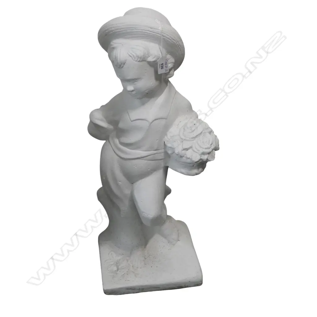 WHITE PAINTED CONCRETE GARDEN STATUE: BOY WITH FLOWERS H.680mm Image 1++