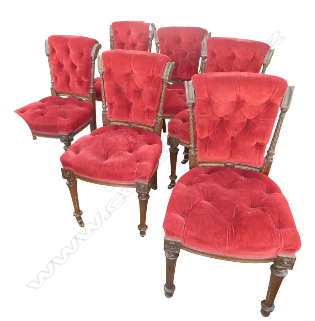 6 VICTORIAN RED VELVET BUTTON BACK DINING CHAIRS; 1 w. back column split Image 1++