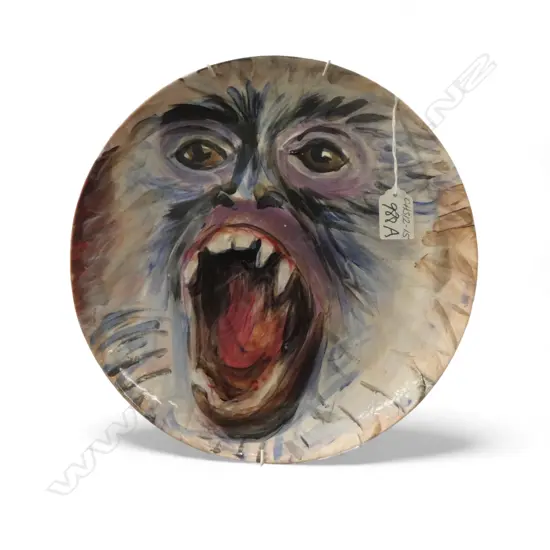 MARK RAYNER (Whanganui) ceramic hand painted plate Monkey with open mouth Dia.285mm. Initialled & dated '09