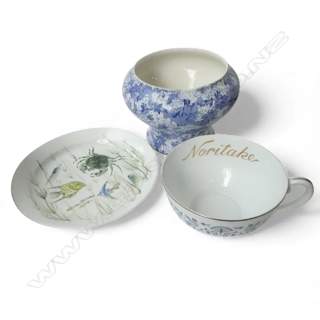 MAY BLOSSOM B/W FLORAL VASE, NORITAKE CUP + ARABIA PLATE Dia.340mm Image 1++