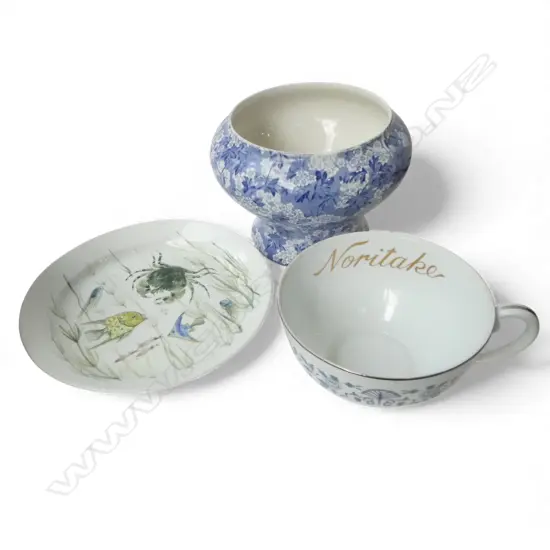 MAY BLOSSOM B/W FLORAL VASE, NORITAKE CUP + ARABIA PLATE Dia.340mm