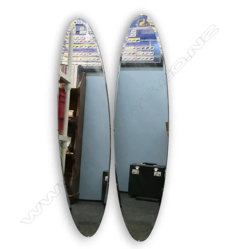 PR VINTAGE 'HALLS GALVO' OVAL MIRRORS, WOODEN-BACKS, BEVELLED EDGES, VERTICAL OR HORIZONTAL HANGING, 1220 X 290mm Image 1++