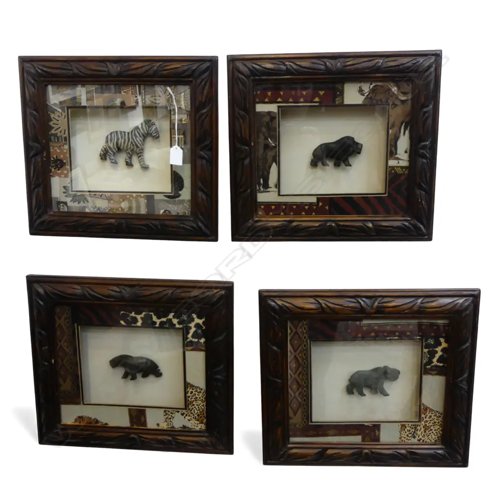 FOUR CARVED STONE AFRICAN ANIMALS HOUSED IN HAND CARVED FRAMES 350 X 400 mm (OVERALL EACH) Image 1++