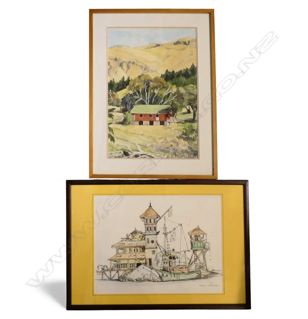 HELEN BASSETT, WOOLSHED PORT HILLS CHRISTCHURCH, W/C, 410x280 + WARWICK ARMSTRONG PRINT Ed. 8/97, 295x395mm Image 1++