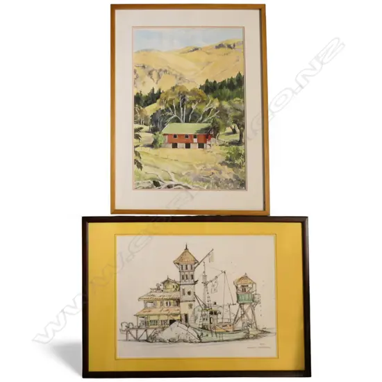 HELEN BASSETT, WOOLSHED PORT HILLS CHRISTCHURCH, W/C, 410x280 + WARWICK ARMSTRONG PRINT Ed. 8/97, 295x395mm