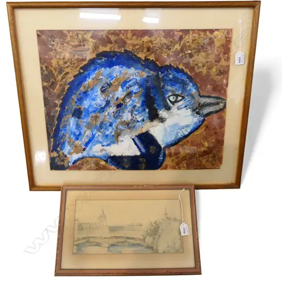 2 ARTWORKS; DURER COVERED FOOTBRIDGE PRINT 155x320mm, BLUE PENGUIN MIXED MEDIA 415x540mm