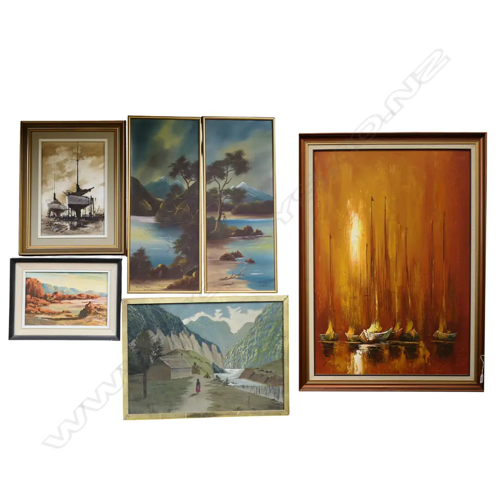 GROUP OF 6 FRAMED OIL PAINTINGS INCL BRIAN BAXTER BOAT 345 X 235mm  COLONIAL LANDSCAPES AND CHINESE BOATS Image 1++