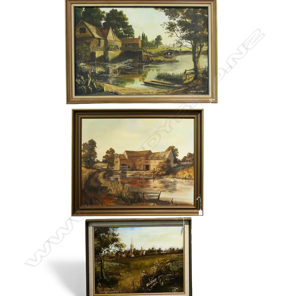 T. R ALLISON-MANSBRIDGE GROUP OF THREE LANDSCAPES OIL ON CANVAS 60 X 90CM 60 X 75CM 40 X 65CM  (ALL HAVE PAINT CRACKING) Image 1++