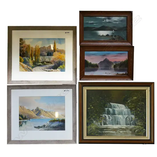 5 ARTWORKS; P. G. HALL WATERFALL OIL 395x495mm, 2 LANDSCAPE WCs, 2 D. A. THOMSON LAKE OILS 195x370mm 