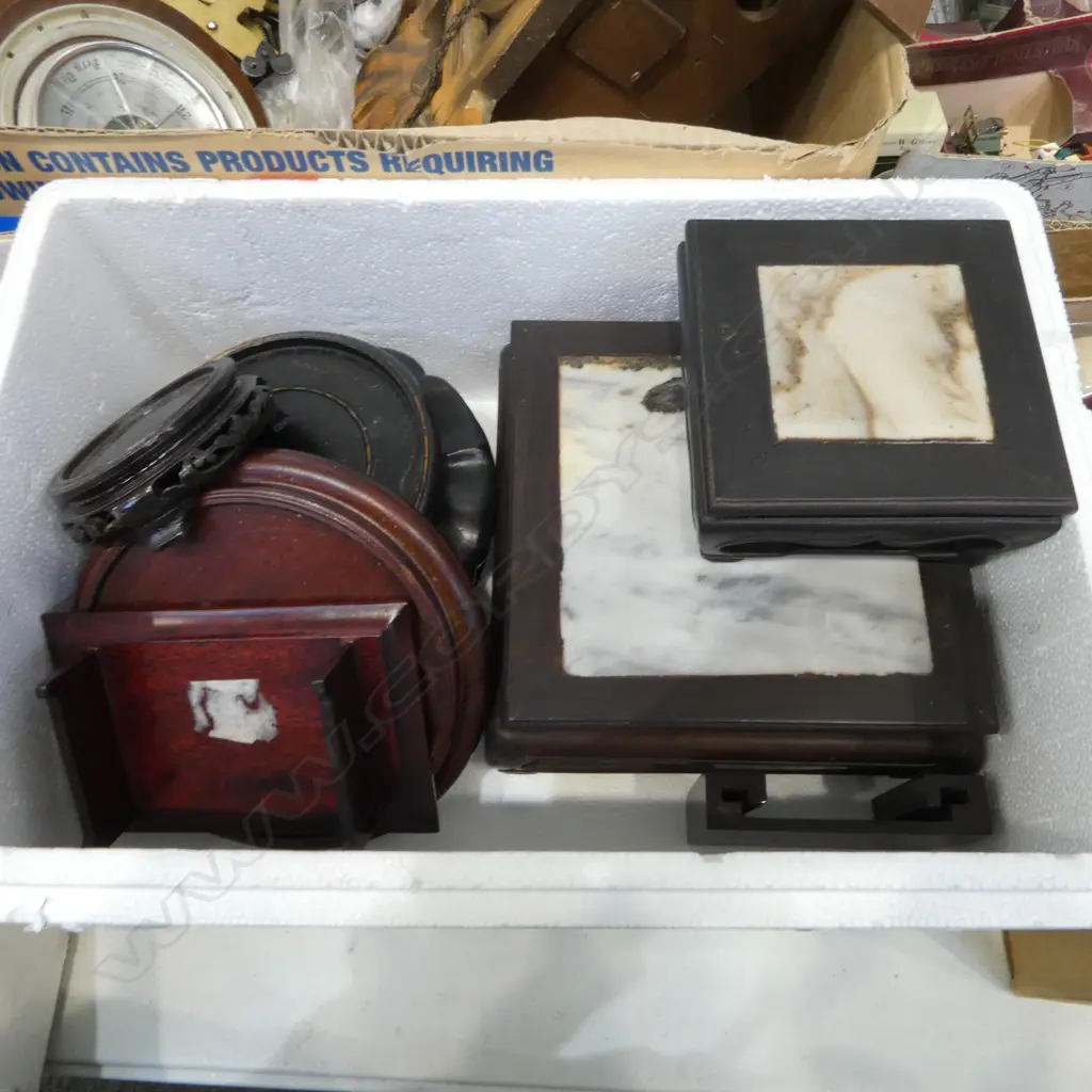 7 CHINESE CARVED WOOD STANDS 2 WITH MARBLE INLAYS Image 1++