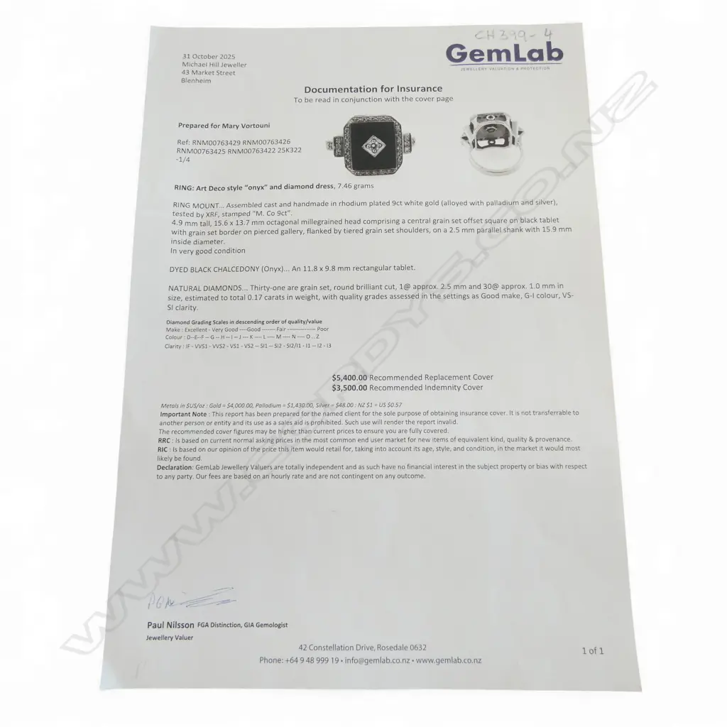 9CT WHITE GOLD DIAMOND & ONYX ART DECO STYLE RING (valuation) SIZE J1/2 Image 1++