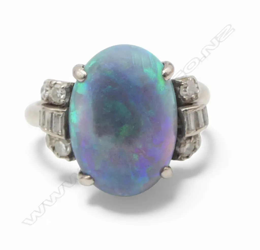 14ct W/GOLD, OPAL & DIAMOND DECO RING 4.34gms SIZE M1/2 (Shoulder of shank needs to be reattached to top) Image 1++