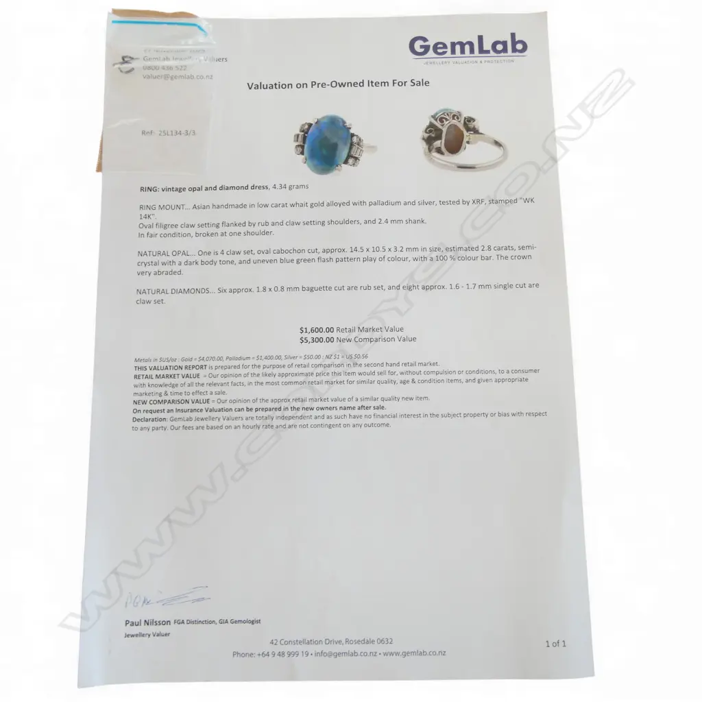 14ct W/GOLD, OPAL & DIAMOND DECO RING 4.34gms SIZE M1/2 (Shoulder of shank needs to be reattached to top) Image 1++