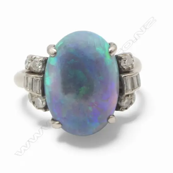 14ct W/GOLD, OPAL & DIAMOND DECO RING 4.34gms SIZE M1/2 (Shoulder of shank needs to be reattached to top)