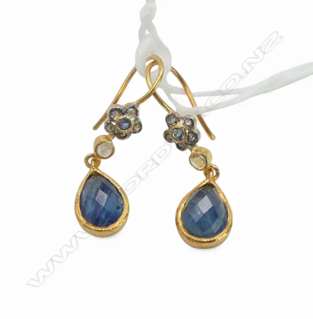 ANTIQUE STYLE PAIR SILVER GILT EARRINGS ROSE CUT DIAMONDS AND SAPPHIRE Image 1++