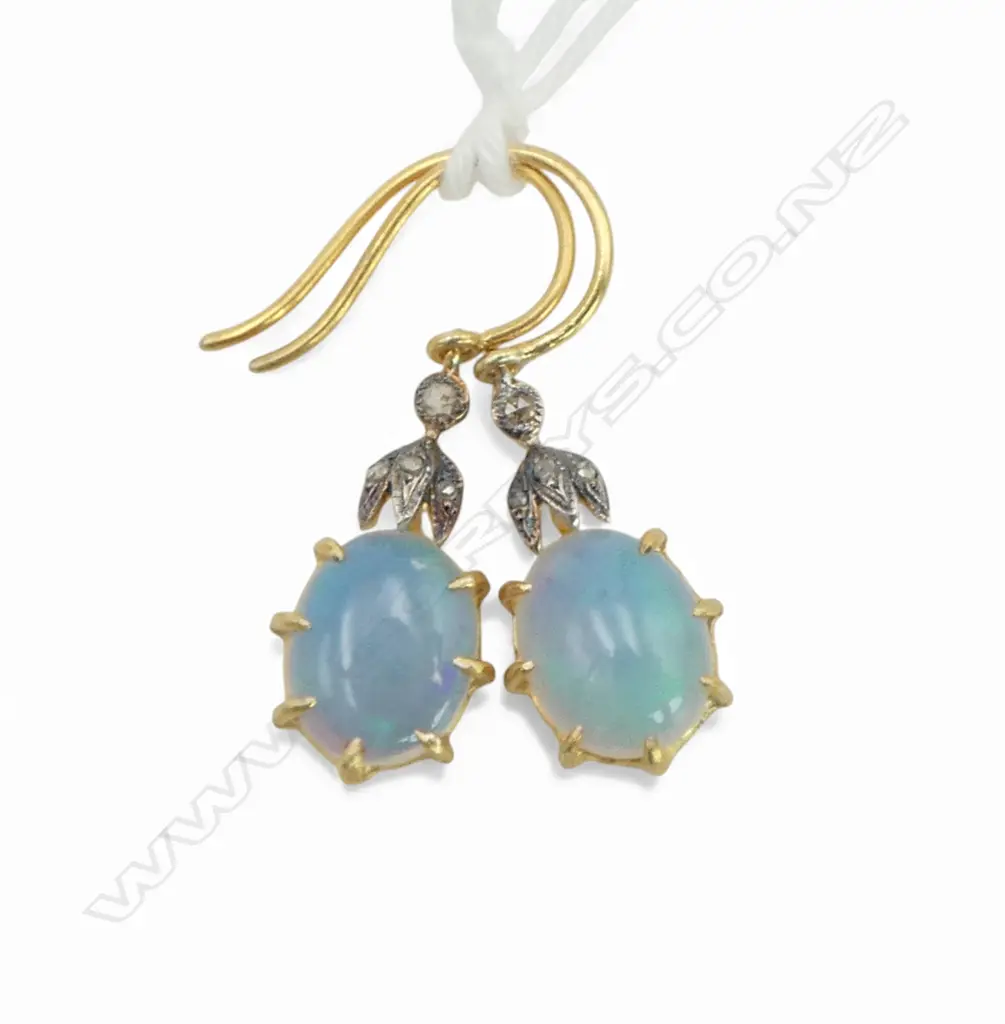 ANTIQUE STYLE PAIR SILVER GILT EARRINGS ROSE CUT DIAMONDS (0.08ct) OPAL (2.50ct) Image 1++