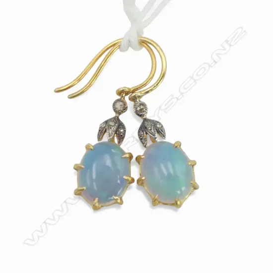 ANTIQUE STYLE PAIR SILVER GILT EARRINGS ROSE CUT DIAMONDS (0.08ct) OPAL (2.50ct)