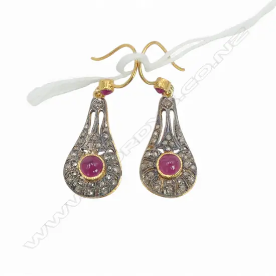 ANTIQUE STYLE PAIR OF SILVER GILT EARRINGS ROSE CUT DIAMONDS (0.80ct) RUBIES (0.60CT)