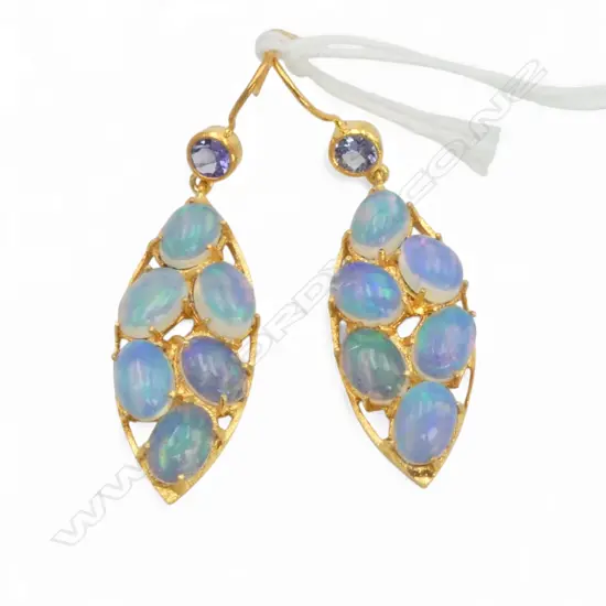 ANTIQUE STYLE PAIR SILVER GILT EARRINGS TANZANITE AND CABOCHON OPALS