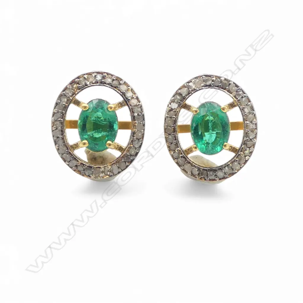 ANTIQUE STYLE PAIR SILVER GILT EARRINGS ROSE CUT DIAMONDS AND SYNTHETIC EMERALDS (no butterfly backs) Image 1++