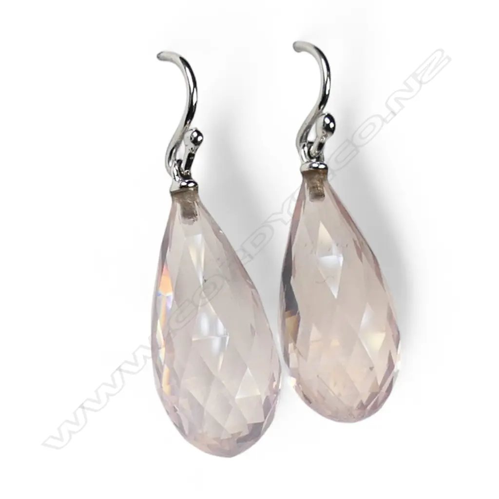 A pair of 18ct white gold and rose quartz drop earrings, Image 1++