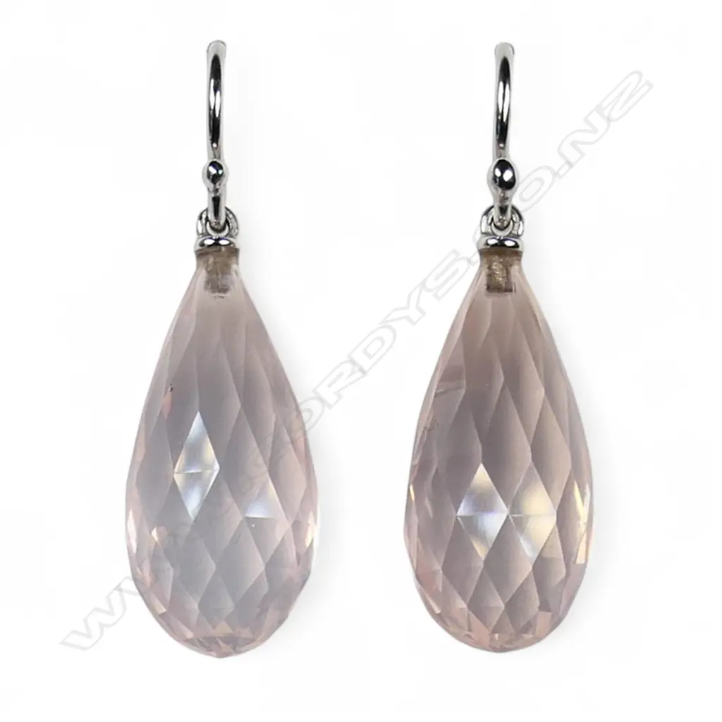 A pair of 18ct white gold and rose quartz drop earrings, Image 1++