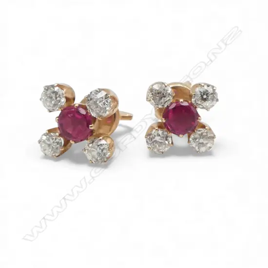PAIR 14CT ROSE GOLD DIAMOND/RUBY EARRINGS - each earring set with four round brilliant cut diamonds & 1 round cut ruby