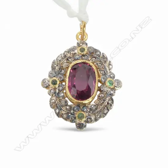 ANTIQUE STYLE SILVER GILT PENDANT ROSE CUT DIAMONDS (0.30ct) EMERALDS (10ct) RHODOLITE GARNET 1.5ct 14ct GOLD BALE