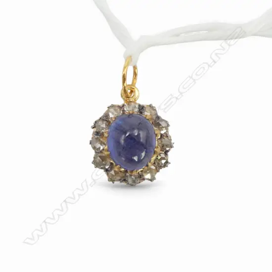 ANTIQUE STYLE SILVER GILT PENDANT ROSE CUT DIAMONDS AND CABOCHON SAPPHIRE (treated)